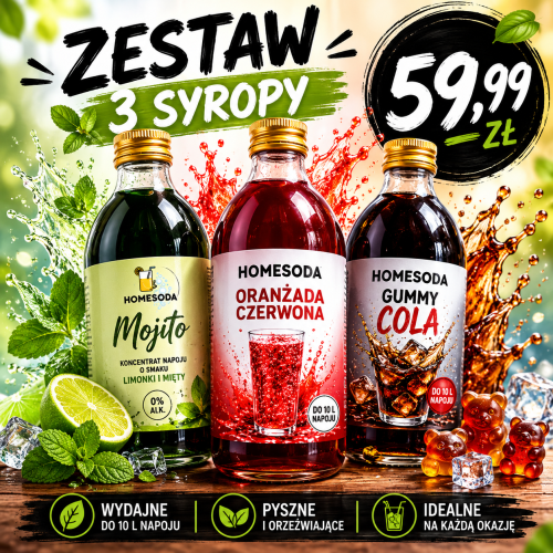 Zestaw trzech syropów HomeSoda o smaku Mojito, Oranżady Czerwonej i Gummy Cola